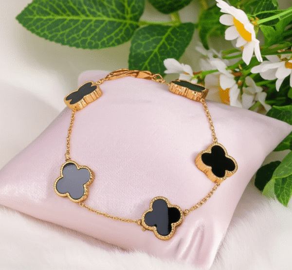 Sophisticated Black Clover Gold Plated Bracelet - Alinora Jewels - Image 3