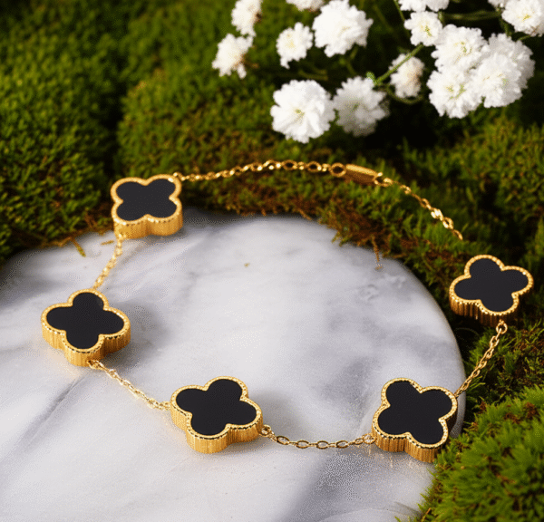 Sophisticated Black Clover Gold Plated Bracelet - Alinora Jewels - Image 4