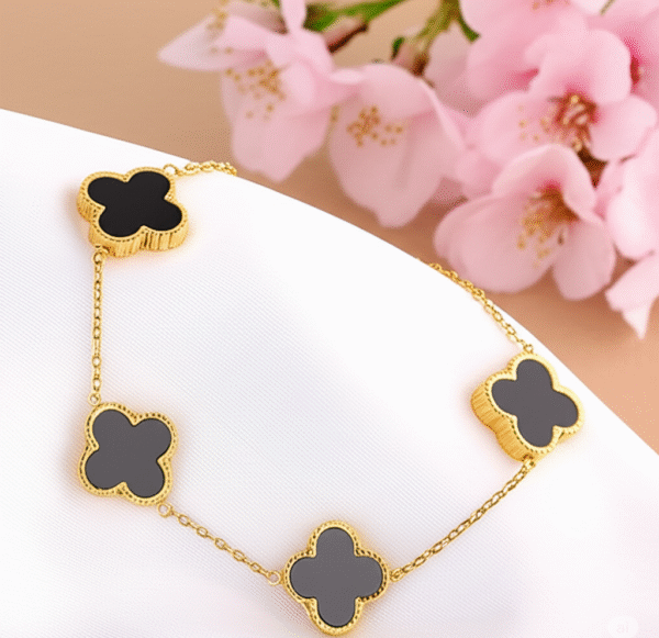 Sophisticated Black Clover Gold Plated Bracelet - Alinora Jewels - Image 6
